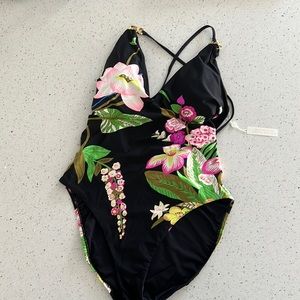NWT Trina Turk Black Floral tie back one piece